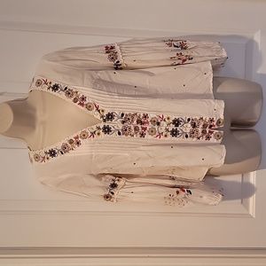 Anthropologie Cream Blouse with Multicolor Embroidery